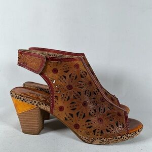 L'ARTISTE Spring Step Marjan Cutout Leather Open Toe Heels Shoes sz 7 .5 eu 38